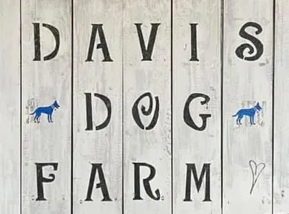 Painted wooden Davis Dog Farm sign with blue dogs